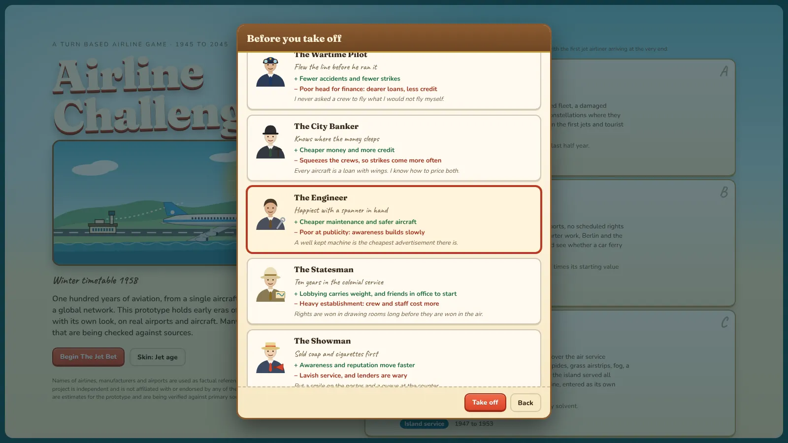 The setup dialog with turn length, funding, rival airlines and chief executive choices