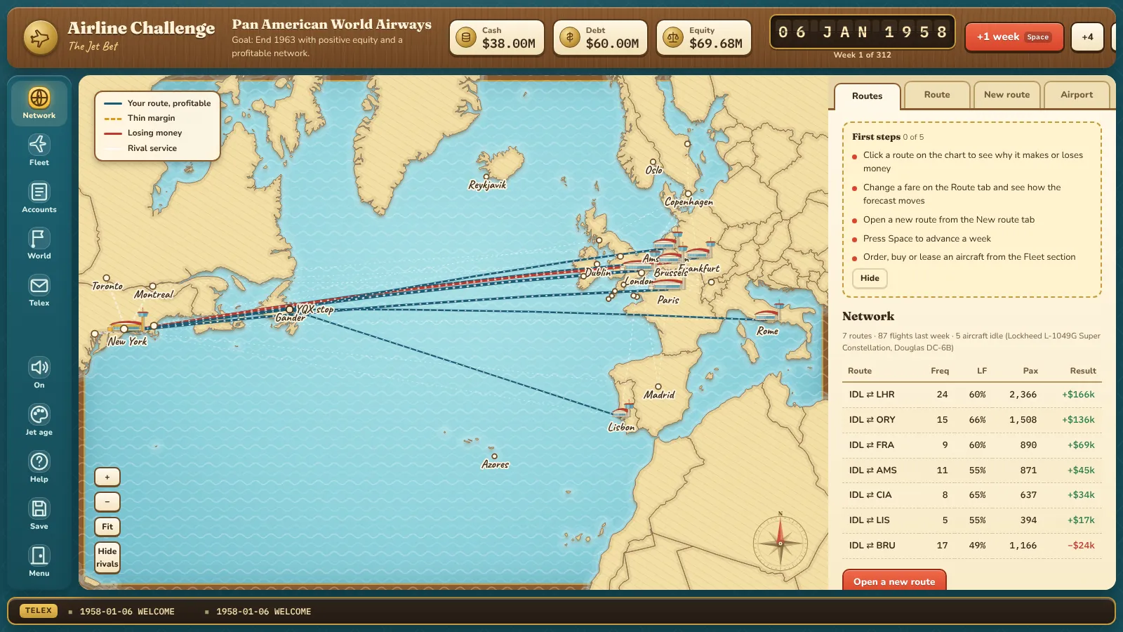 Airline Challenge route map of the North Atlantic with a printed timetable look, showing a route list and the date on a split flap board