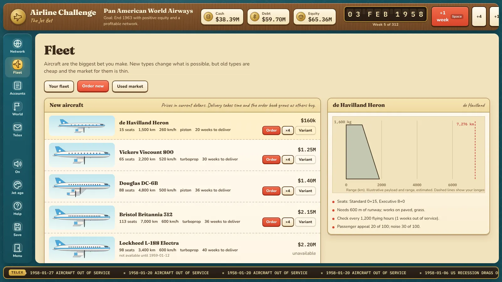 Aircraft order screen with payload and range diagram