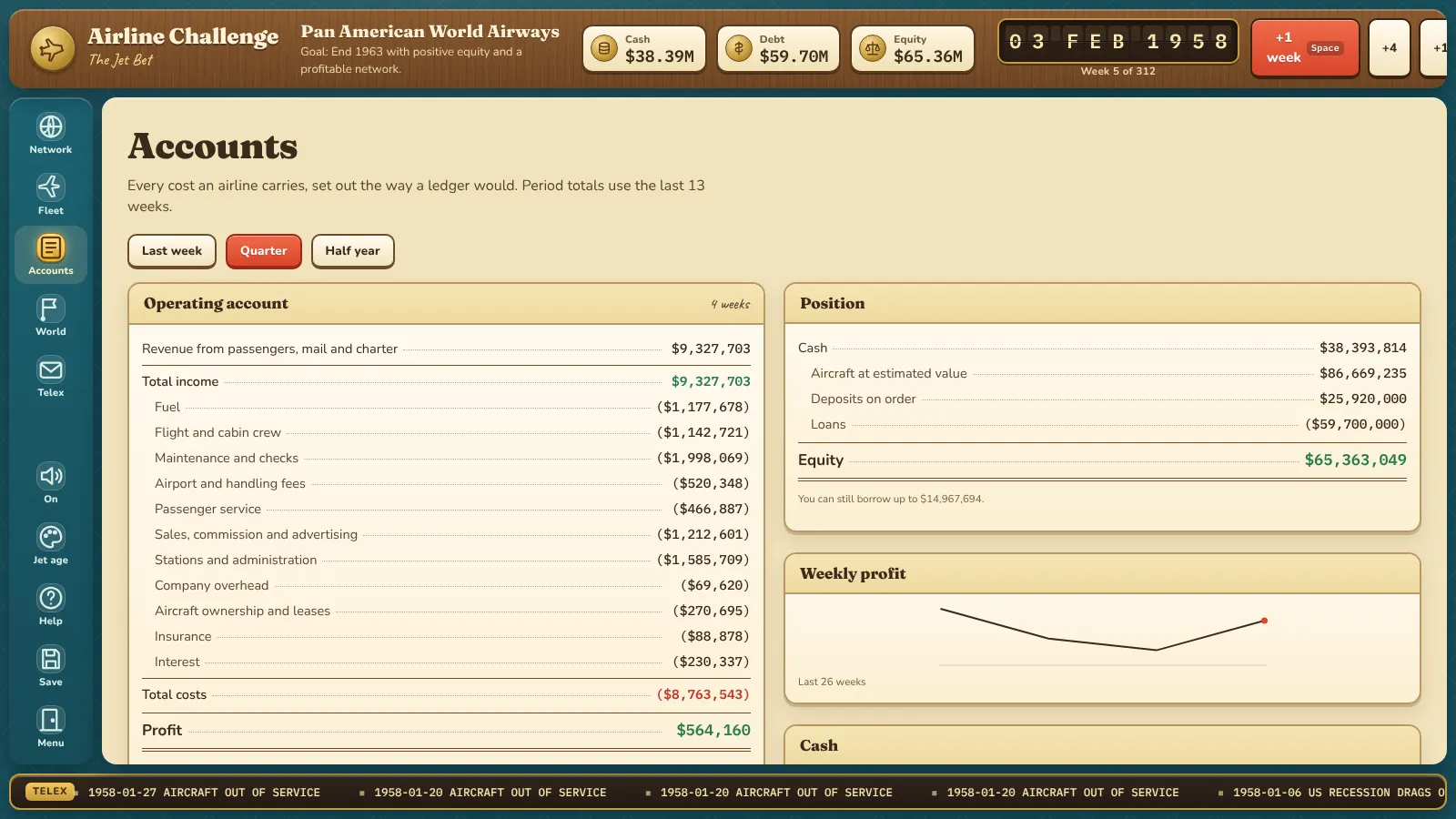 Accounts screen laid out as a ledger with dotted leaders