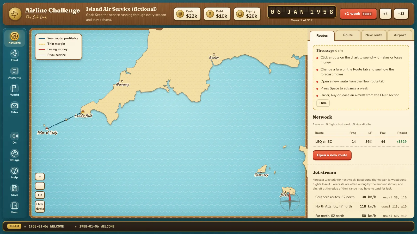 Chart of Cornwall and the Isles of Scilly showing a single route from Land's End to St Mary's