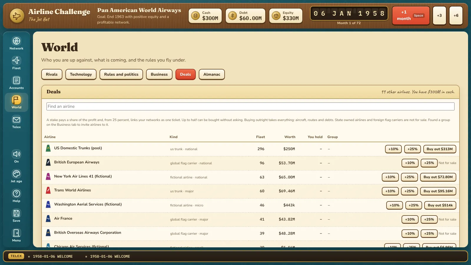 The Deals tab listing other airlines with stakes, group invitations and buy-out prices