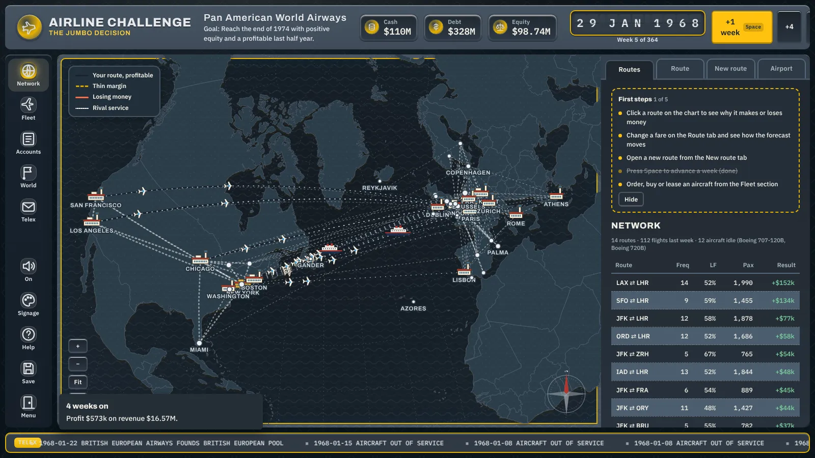 The 1968 chart in slate and yellow terminal signage